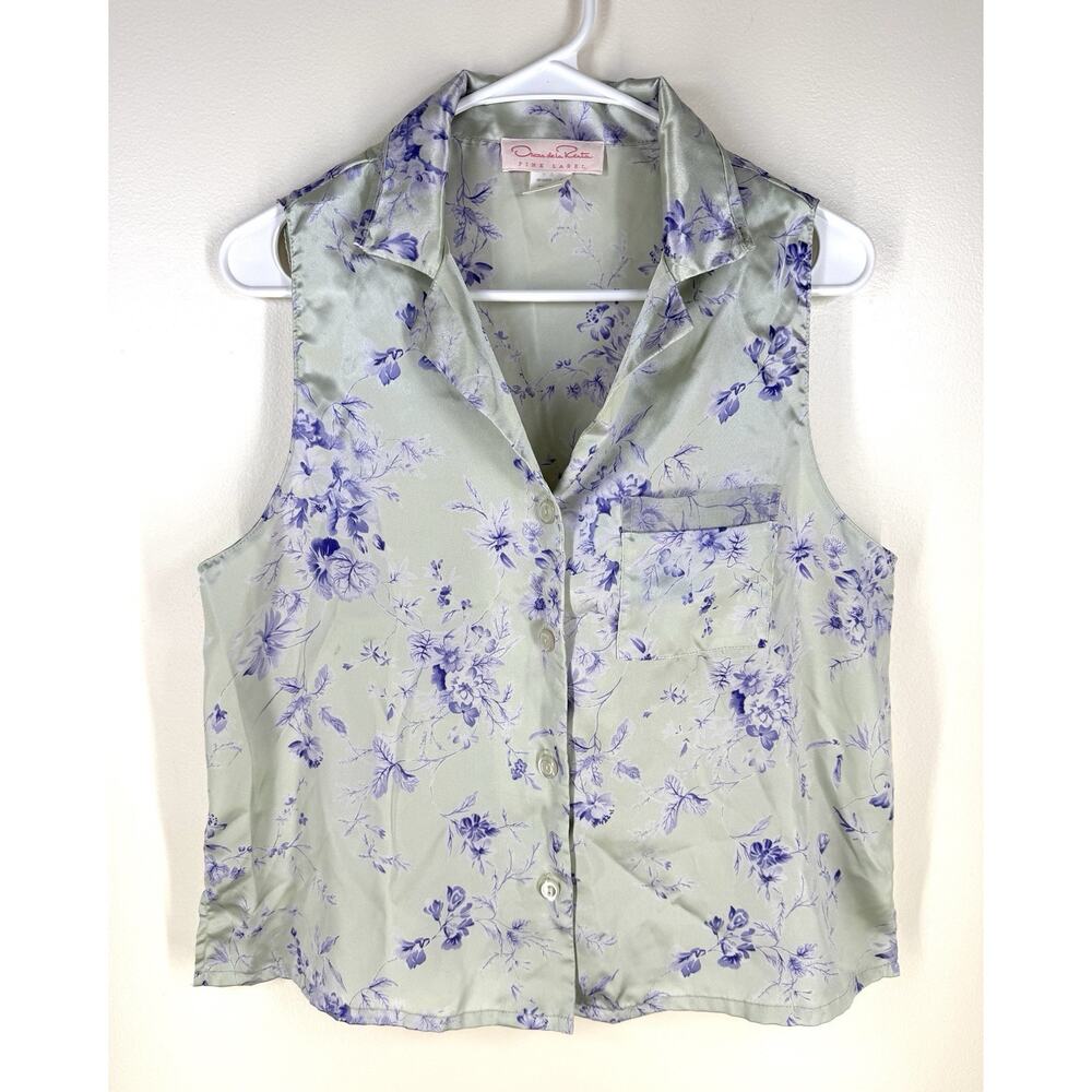 Oscar de la Renta Pink Label Top Sz Med Floral Satin Sheer Button Pajama Tank